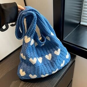 Handmade Blue Heart Patterned Knit Tote Bag